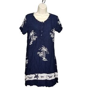 Dee Dee's Small Navy Rayon Shift Dress Beach Palm Trees Vacation Casual Dress S